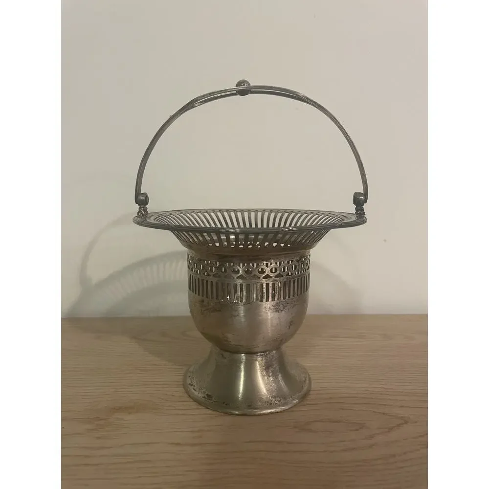 VTG Sheffield Nickel Silverplate Pedestal Hanging Sugar Bon Bon Basket w Handle